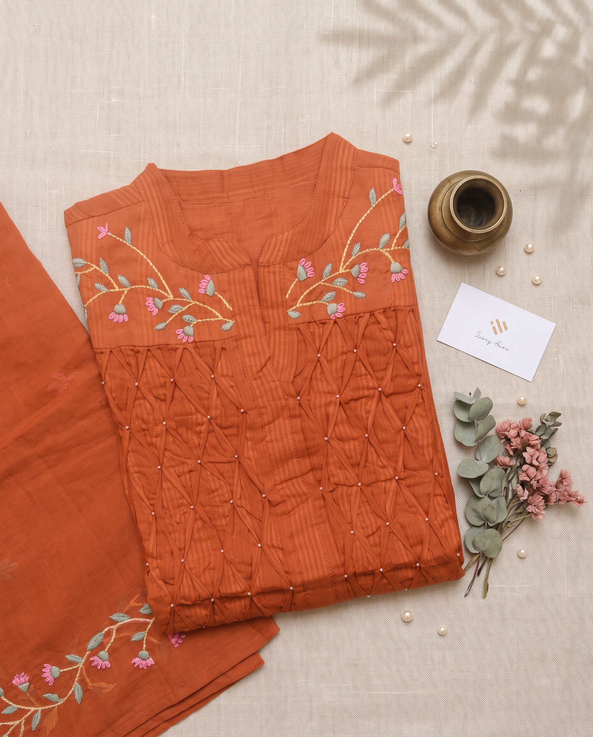 Anokhi Dhara — rust suit set with smocking, beadwork and embroidery — Ivory Hues, Indian ethnic wear Singapore