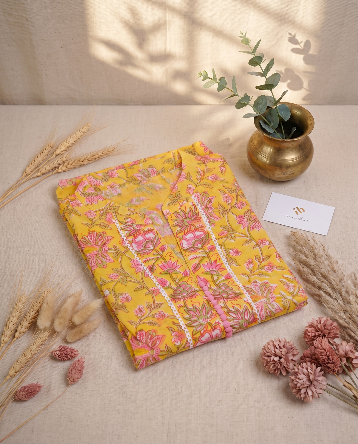 Anokhi Taal — yellow and pink cotton suit with floral handblock prints — Ivory Hues, Indian ethnic wear Singapore