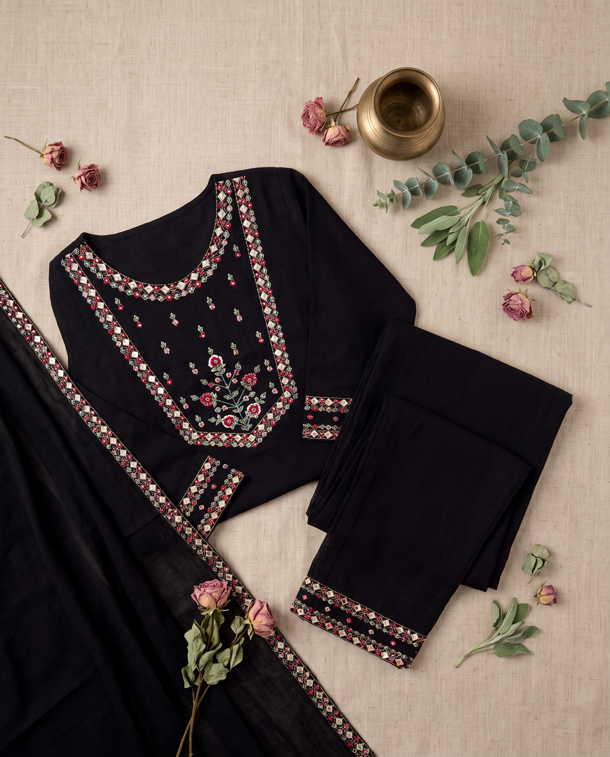 Noor Aks — black muslin suit set with floral embroidered placket — Ivory Hues, Indian ethnic wear Singapore