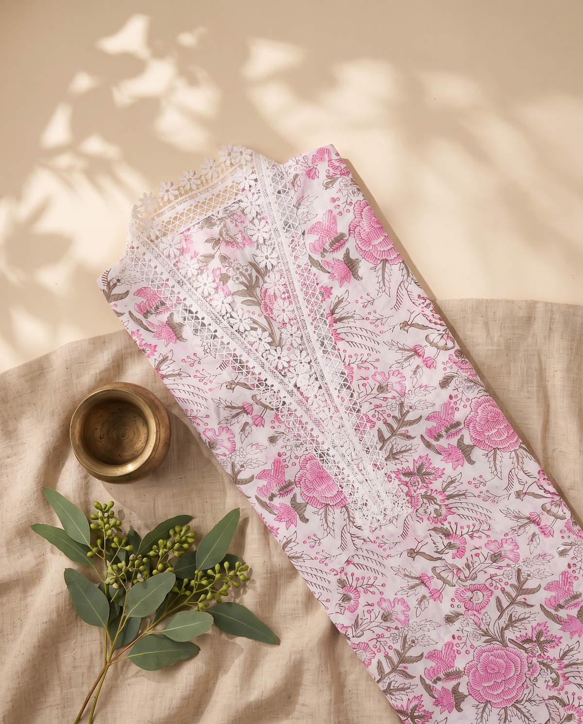 Malhar Sitara — white cotton suit with pink floral handblock prints — Ivory Hues, Indian ethnic wear Singapore