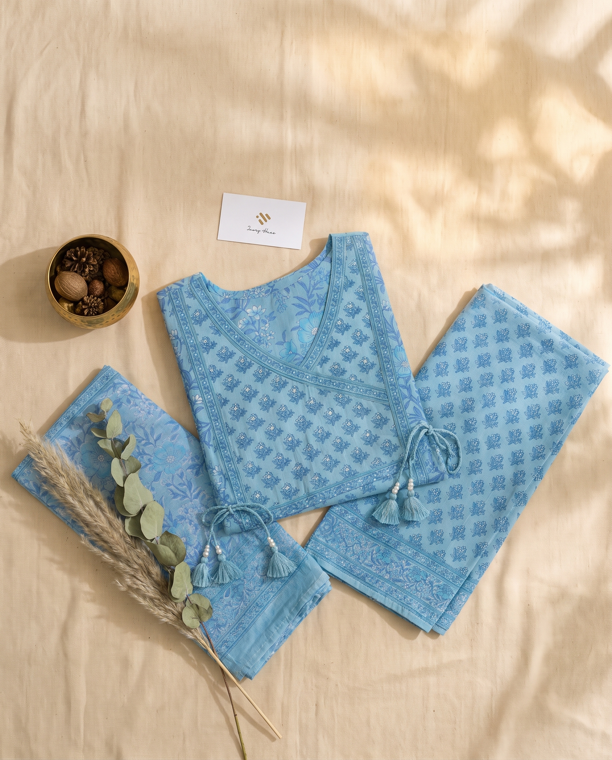 Anokhi Aasman — pastel blue cotton suit with embellished yoke border — Ivory Hues, Indian ethnic wear Singapore