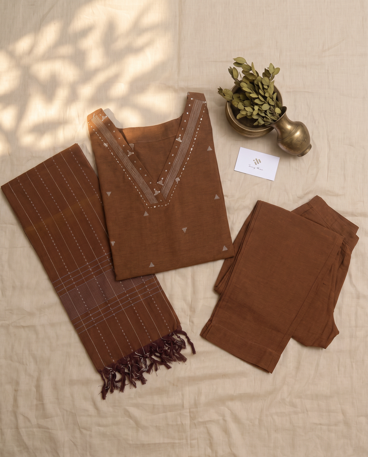 Anokhi Bhoomi — golden-brown handloom cotton suit with woven butta prints — Ivory Hues, Indian ethnic wear Singapore