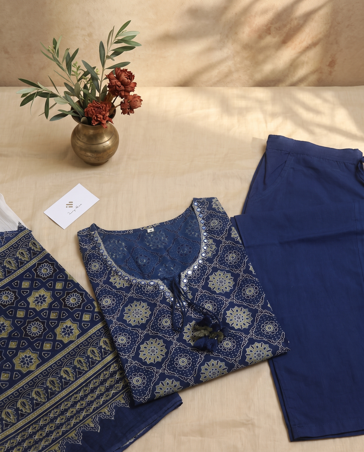 Sunehri Pal — blue and green Sanganeri-print suit with appliqued white dupatta — Ivory Hues, Indian ethnic wear Singapore