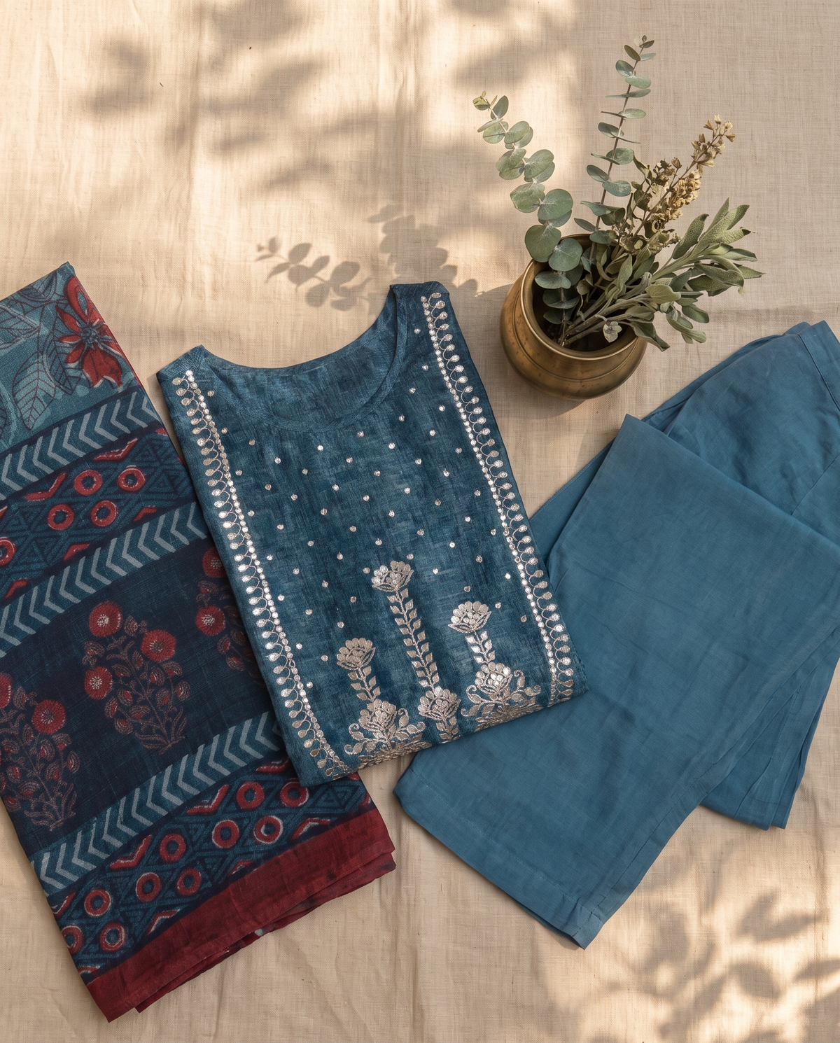 Noor Neelam — deep blue Tussar silk suit with gota patti work — Ivory Hues, Indian ethnic wear Singapore