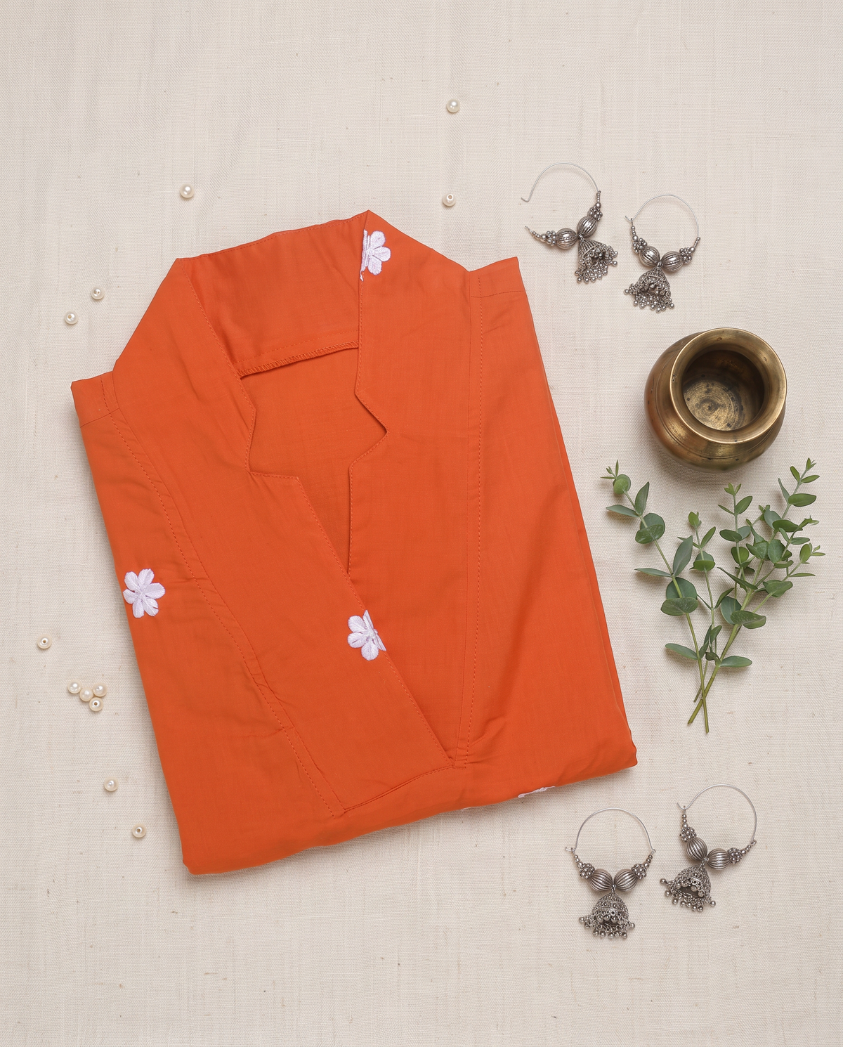 Meher Tamannah — orange cotton co-ord set with white floral embroidery — Ivory Hues, Indian ethnic wear Singapore