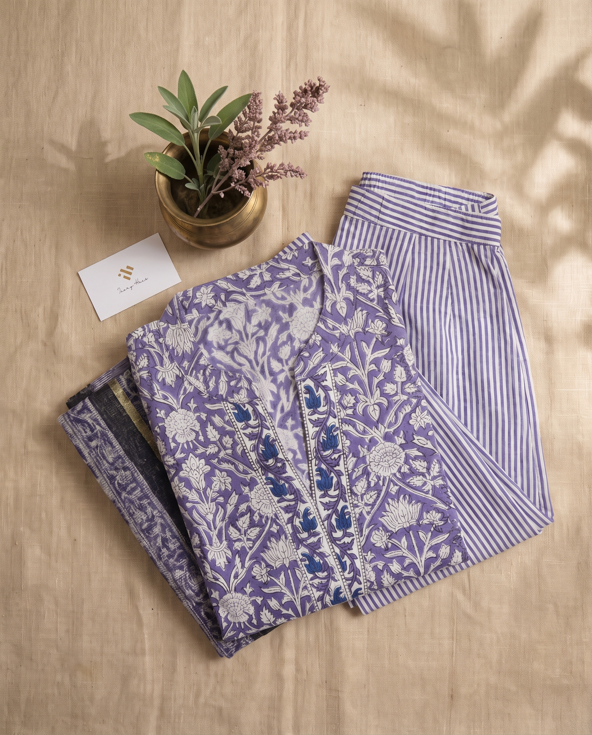 Anokhi Neela — lavender-purple suit with floral handblock prints, Chinese collar — Ivory Hues, Indian ethnic wear Singapore