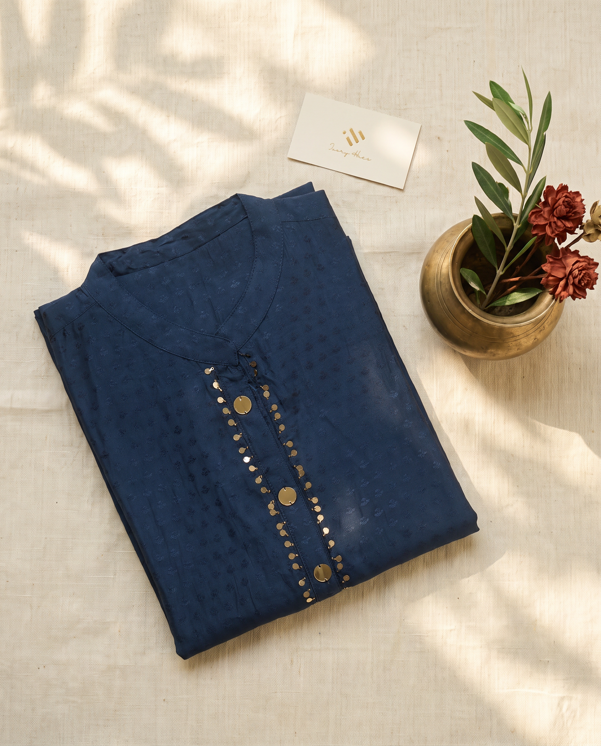 Meher Amara — navy blue viscose co-ord set with Afghani-style pants — Ivory Hues, Indian ethnic wear Singapore