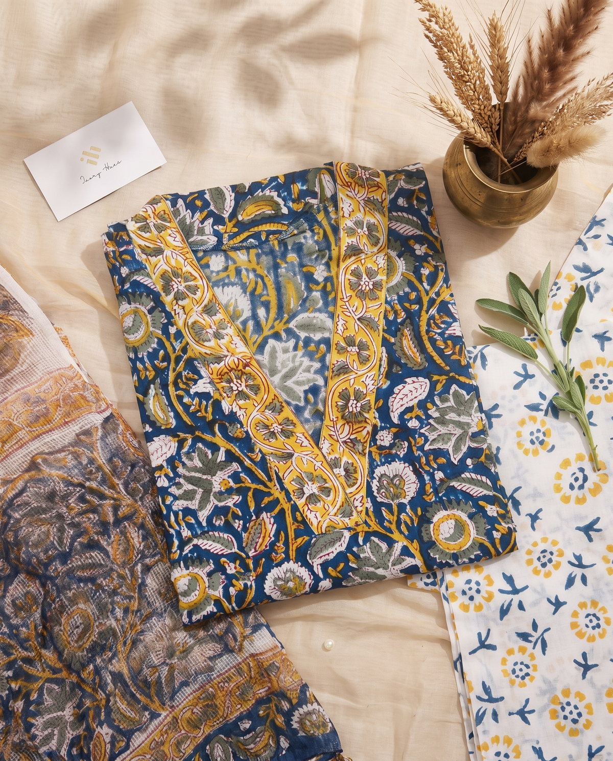 Anokhi Nandini — blue and yellow suit set with handblock prints — Ivory Hues, Indian ethnic wear Singapore