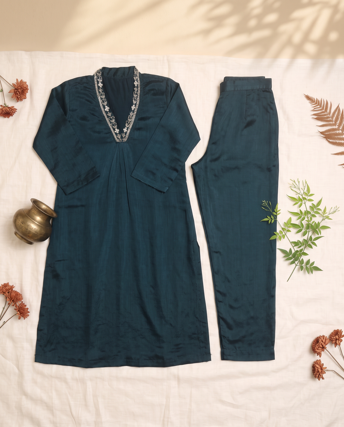 Noor Kamini — deep green chinnon suit with embroidered V-neckline — Ivory Hues, Indian ethnic wear Singapore