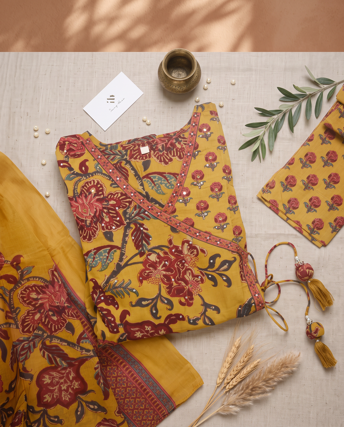Anokhi Khwaab — mustard yellow cotton suit with handblock print and angrakha wrap — Ivory Hues, Indian ethnic wear Singapore