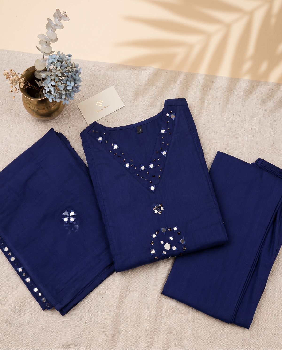 Anokhi Aaina — navy blue mul cotton suit with mirror and bead detailing — Ivory Hues, Indian ethnic wear Singapore