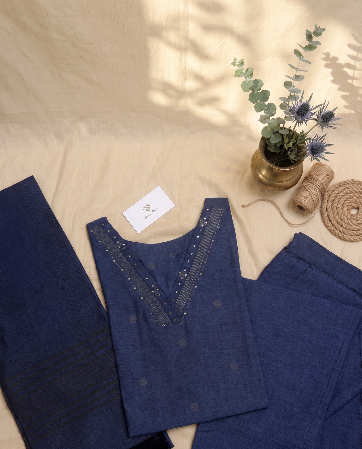 Anokhi Bunavat — lapis blue handloom cotton suit with woven butta prints — Ivory Hues, Indian ethnic wear Singapore
