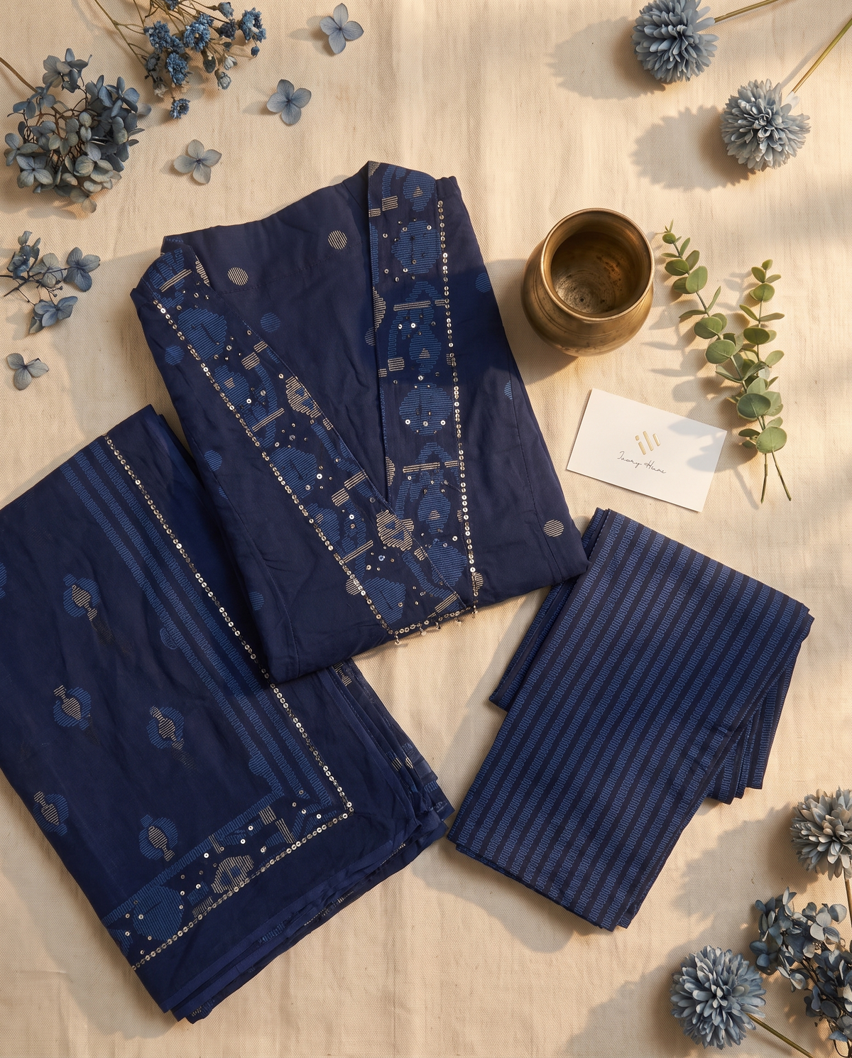 Anokhi Neelima — navy blue cotton suit with butta prints and palazzo pants — Ivory Hues, Indian ethnic wear Singapore