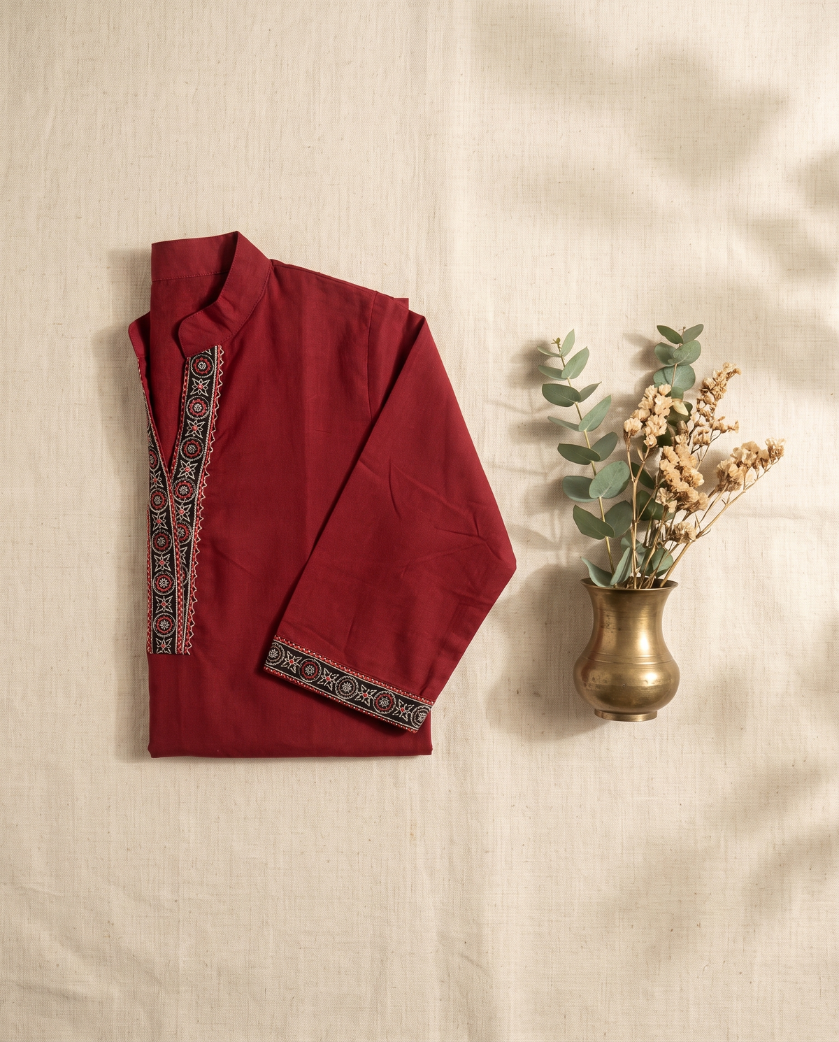 Anokhi Suvarna — deep red cotton suit with black handblock-print yoke — Ivory Hues, Indian ethnic wear Singapore