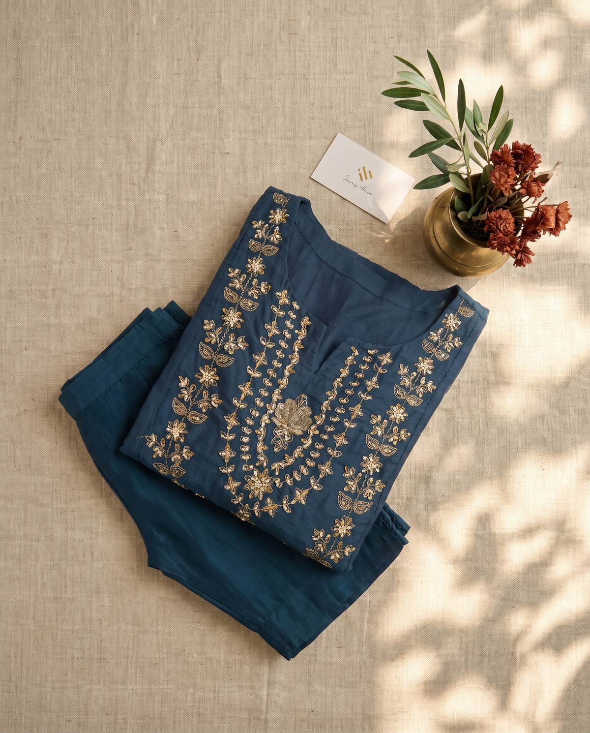 Noor Sama — teal blue mul Chanderi suit with gold embroidered neckline — Ivory Hues, Indian ethnic wear Singapore