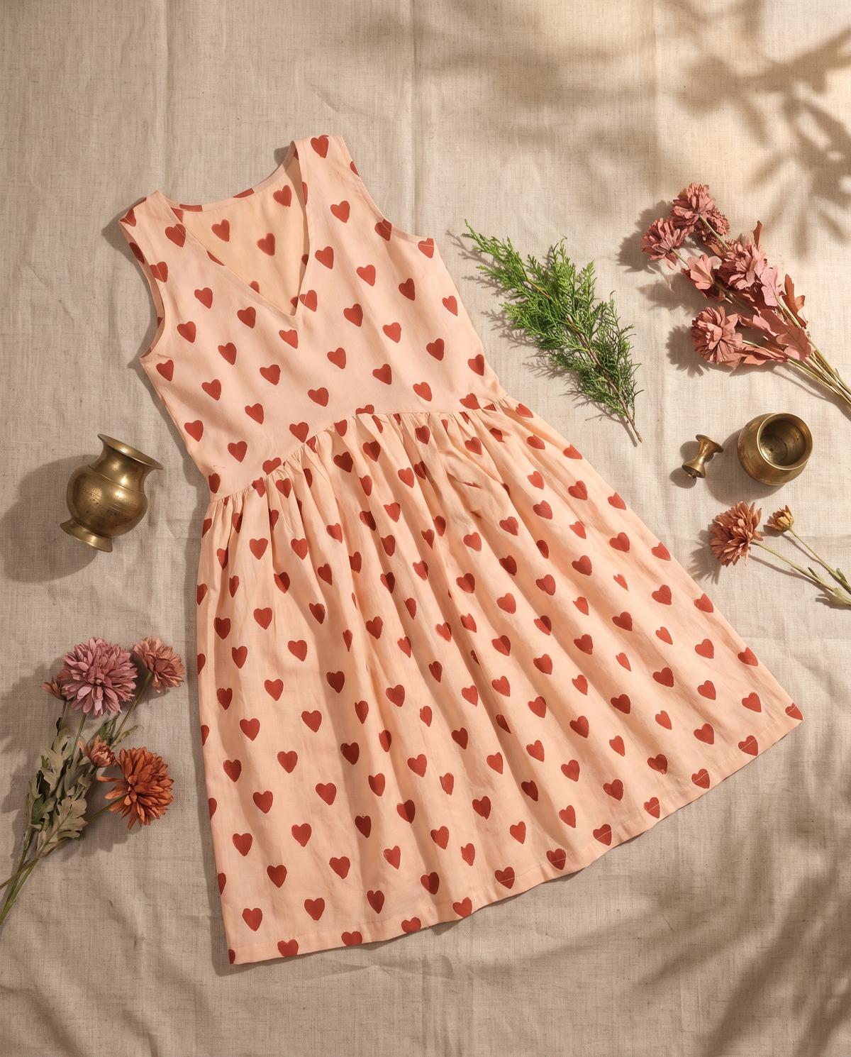 Indira Dilara — beige cotton peplum top with red heart print — Ivory Hues, Indian ethnic wear Singapore