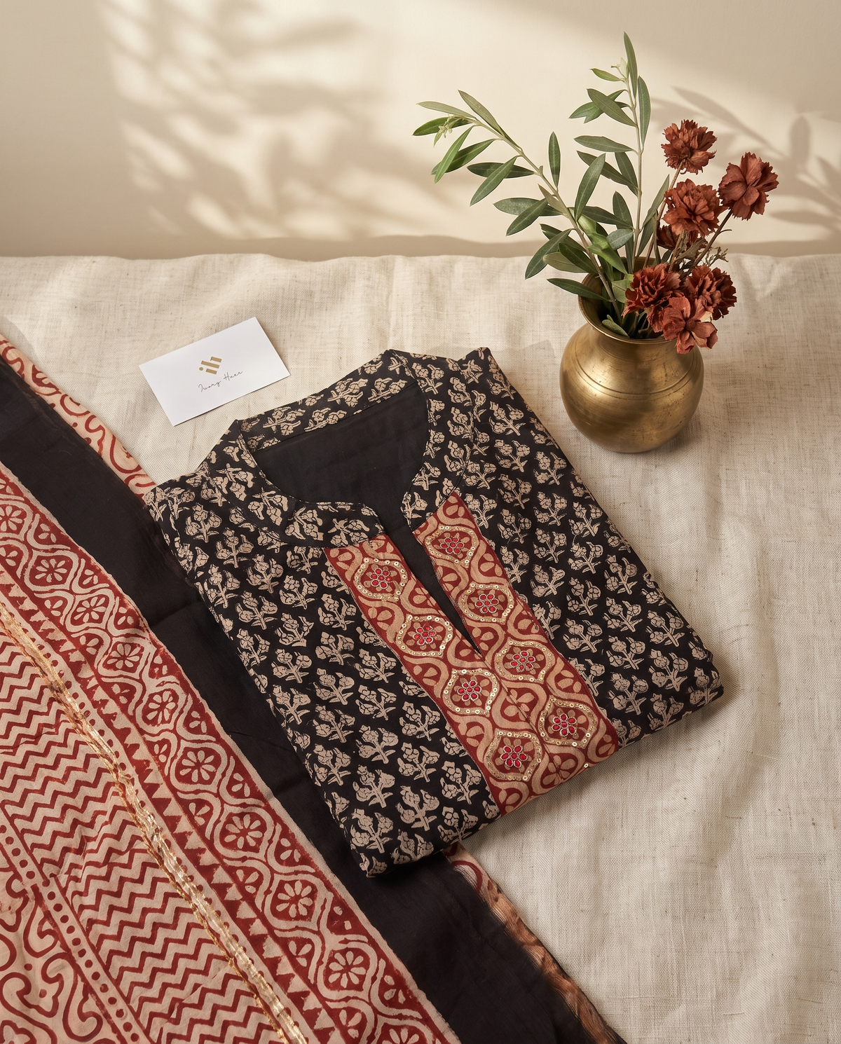 Raaga Bhairavi — red, black and gold Chanderi silk suit with handblock print — Ivory Hues, Indian ethnic wear Singapore