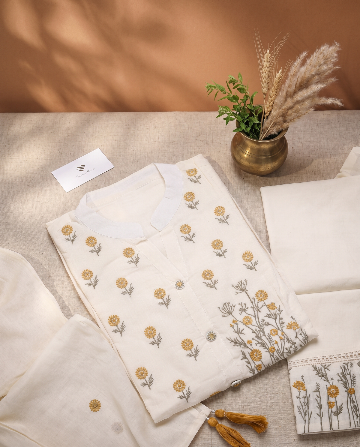 Anokhi Phoolwari — white cotton suit with floral embroidery — Ivory Hues, Indian ethnic wear Singapore