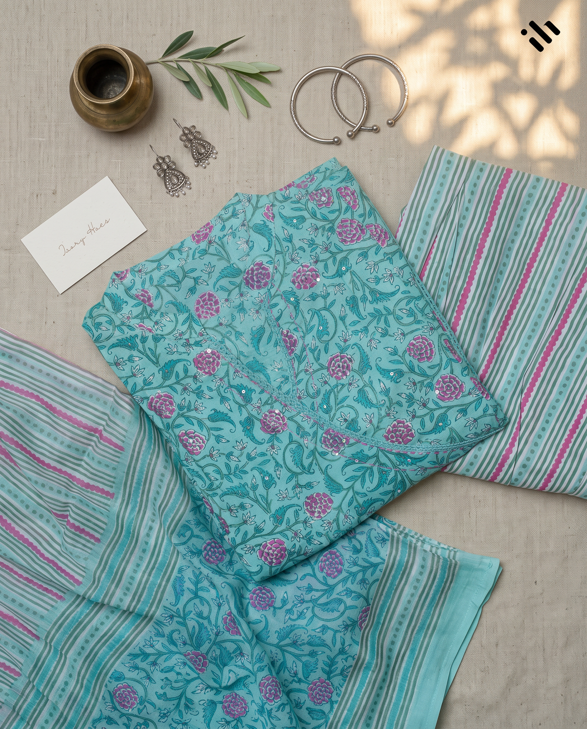 Anokhi Rupa — turquoise angrakha suit with floral handblock print — Ivory Hues, Indian ethnic wear Singapore