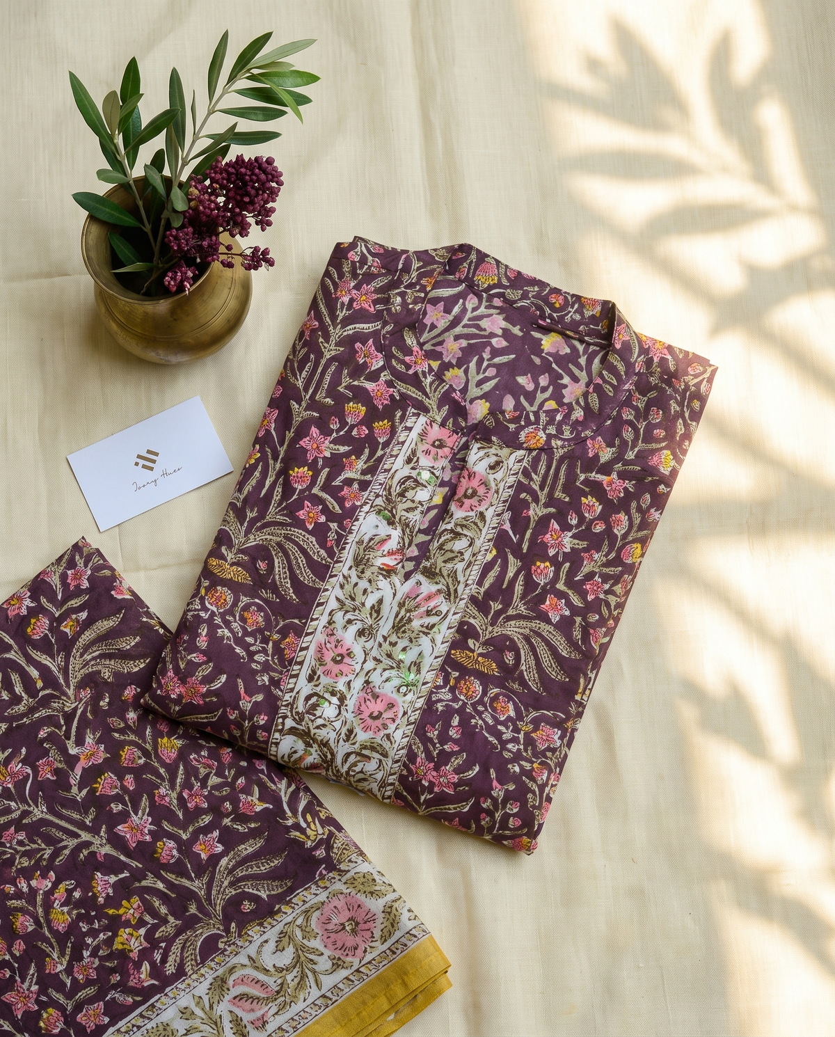 Kota Kainaat Falak — purple aubergine handblock-print suit with Kota doria dupatta — Ivory Hues, Indian ethnic wear Singapore