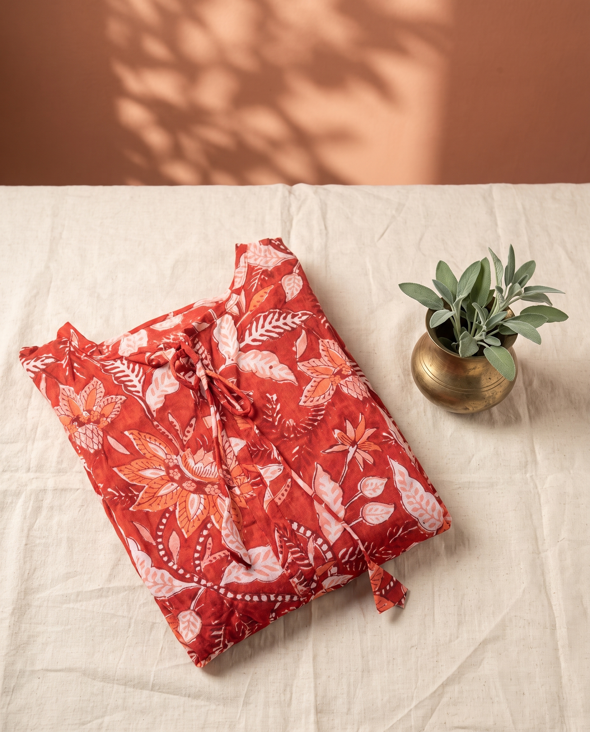 Leher Rangrez — red floral handblock-print dress with balloon sleeves — Ivory Hues, Indian ethnic wear Singapore