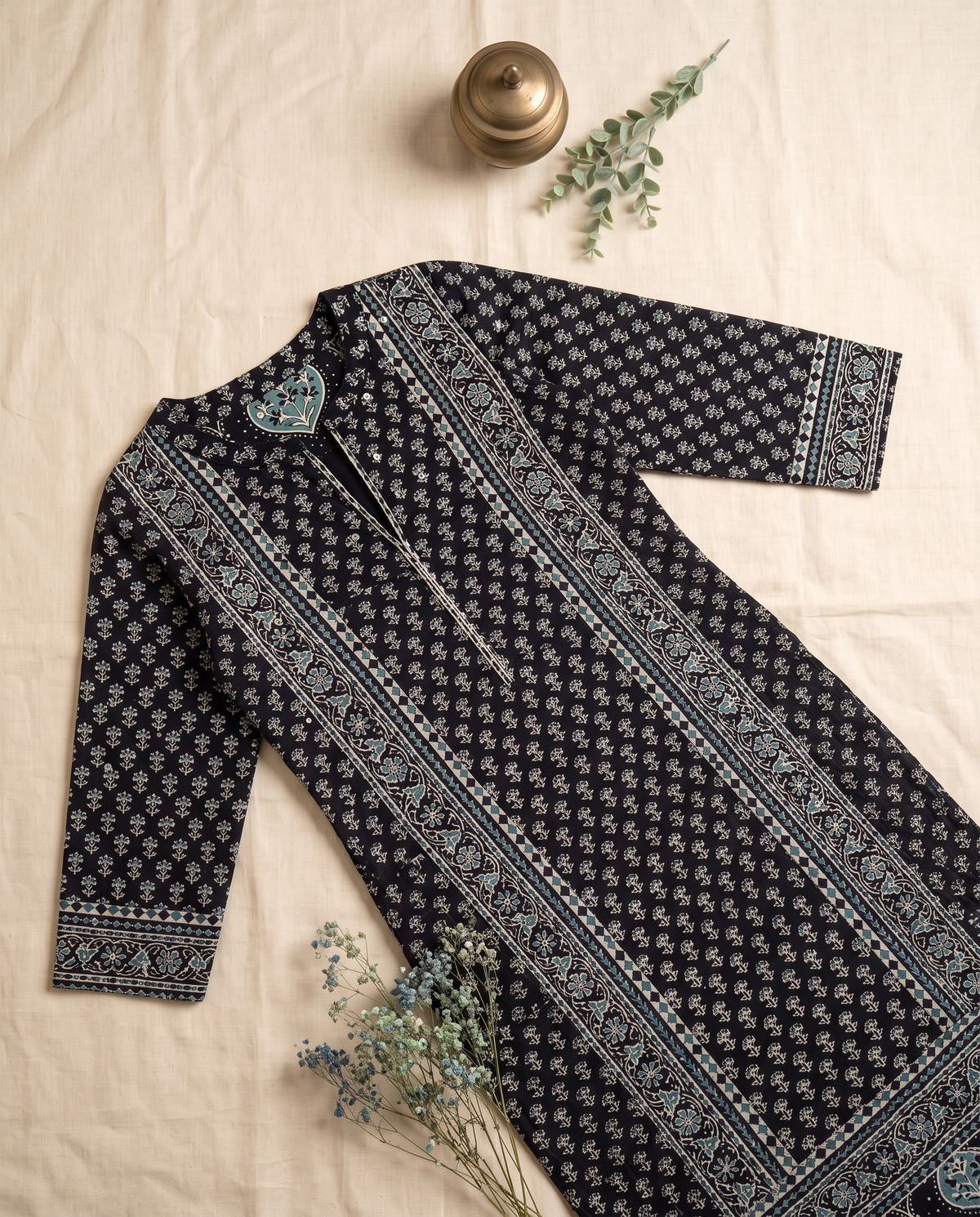 Sunehri Jashn — black and blue Sanganeri-print co-ord set — Ivory Hues, Indian ethnic wear Singapore