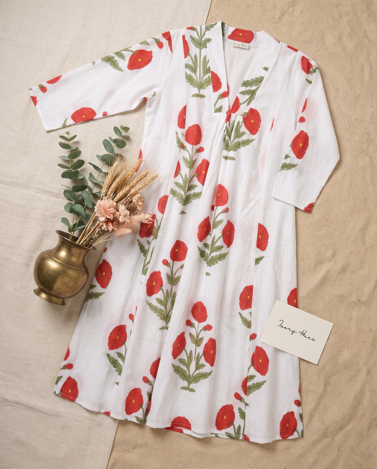 Fiza 3.0 Red Poppy — red poppy-print cotton dress with V-neckline and pockets — Ivory Hues, Indian ethnic wear Singapore