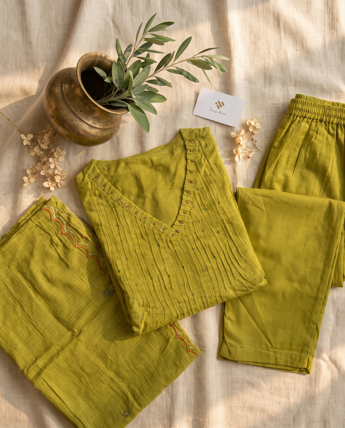Kota Kainaat Pankhudi — apple green Kota Doria suit with bead and sequin detail — Ivory Hues, Indian ethnic wear Singapore