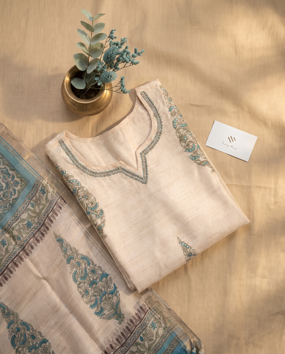 Leela Suhani — ivory semi-Tussar suit with blue Mughal print — Ivory Hues, Indian ethnic wear Singapore
