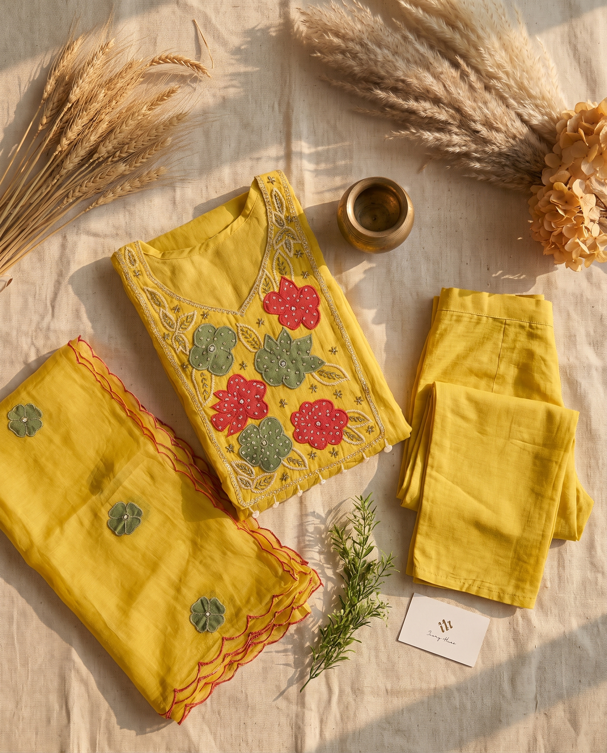 Noor Mehr — yellow mul Chanderi suit with applique embroidery and pearl detail — Ivory Hues, Indian ethnic wear Singapore