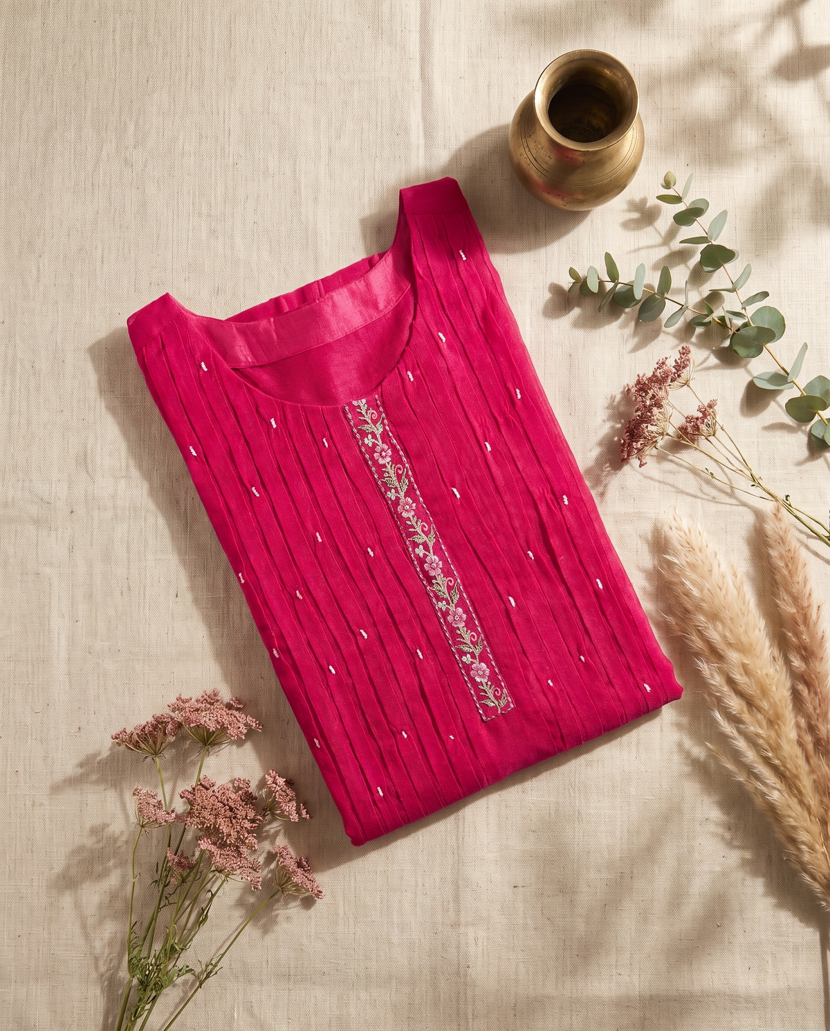 Noor Mahira — rani pink co-ord set with beadwork trim and palazzo pants — Ivory Hues, Indian ethnic wear Singapore