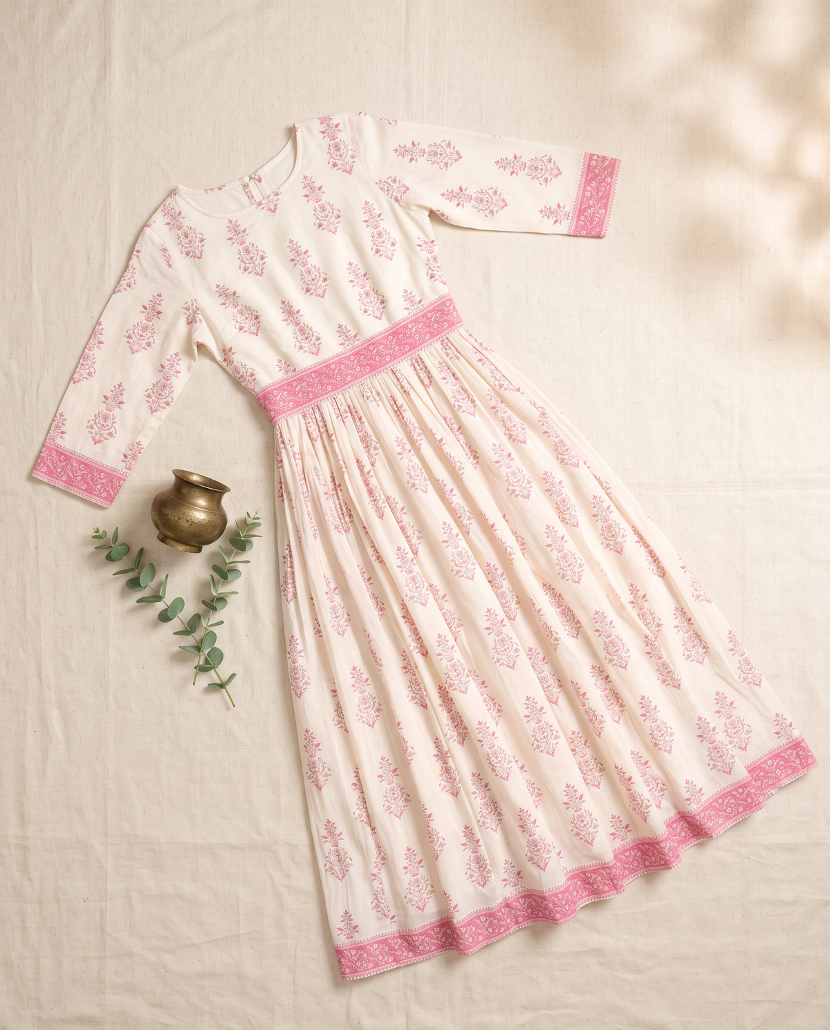 Leher Roohi — cotton jumpsuit with baby pink handblock print and waist belt — Ivory Hues, Indian ethnic wear Singapore