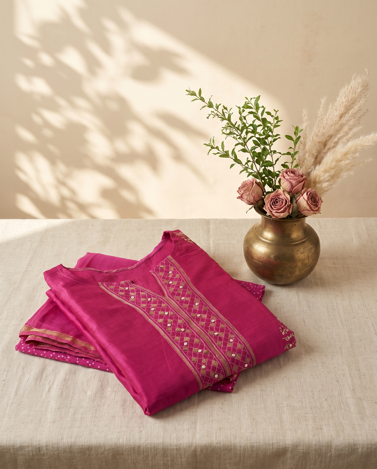 Raaga Mohini — magenta Chanderi suit set with handblock prints — Ivory Hues, Indian ethnic wear Singapore