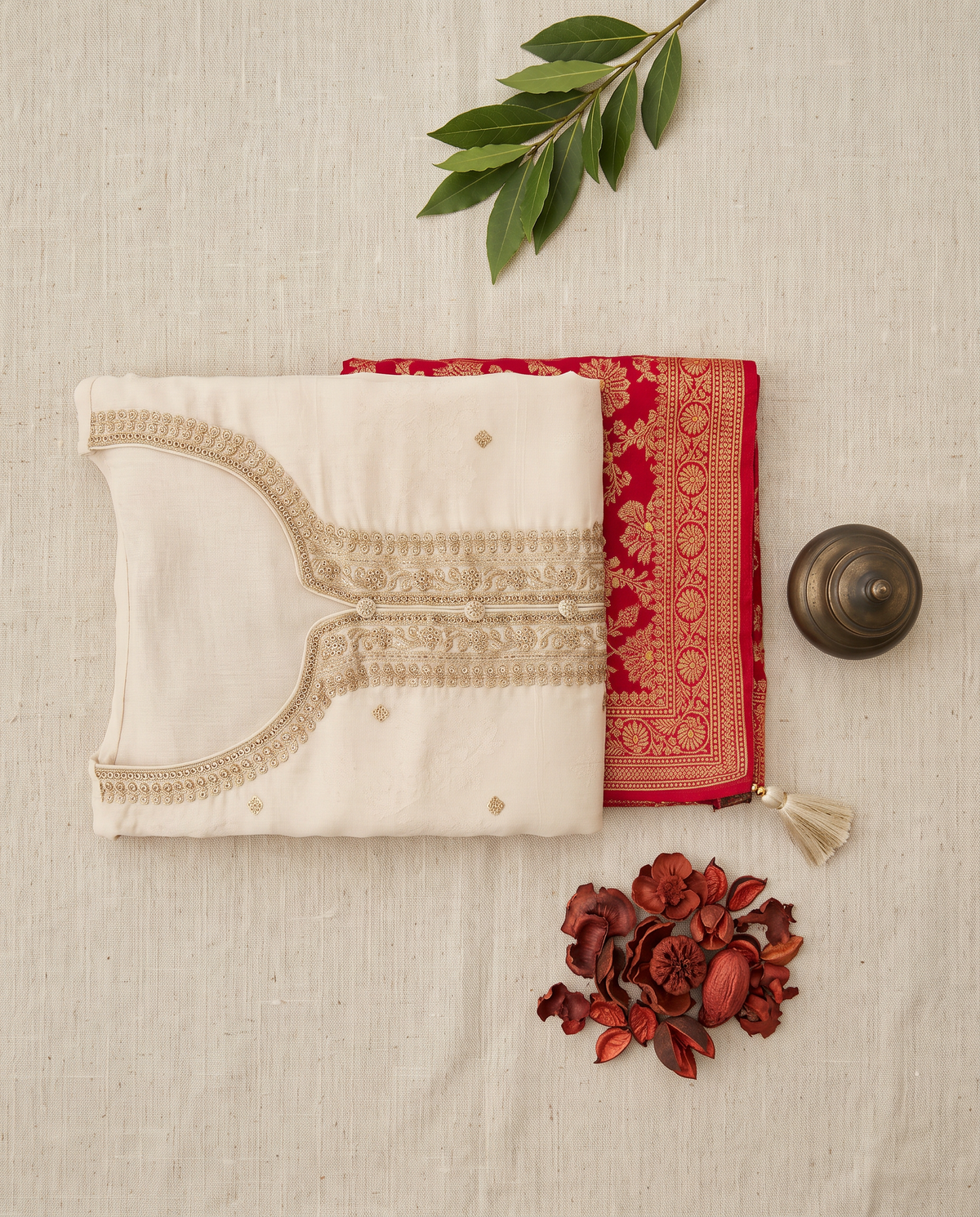 Noor Naira — off-white jacquard silk suit with red-magenta brocade dupatta — Ivory Hues, Indian ethnic wear Singapore