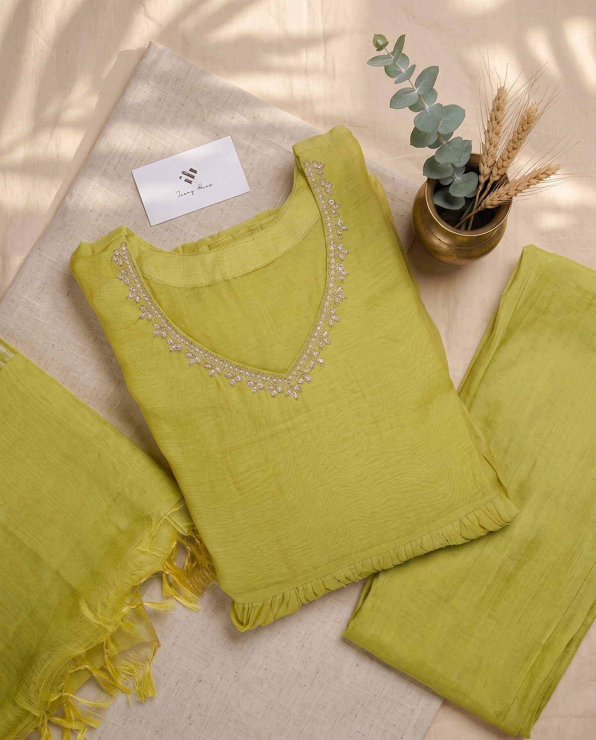 Noor Adaa — lime green mul Chanderi suit with pearl-embroidered neckline — Ivory Hues, Indian ethnic wear Singapore