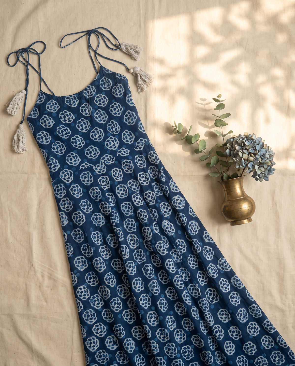 Twilight Indigo Tie Up Dress — indigo tie-up dress with floral motif print — Ivory Hues, Indian ethnic wear Singapore