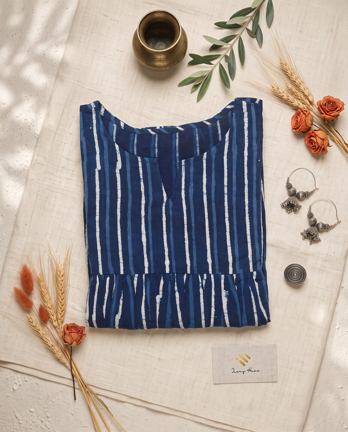 Indigo Rhythm Dress — indigo striped dress with flared silhouette — Ivory Hues, Indian ethnic wear Singapore