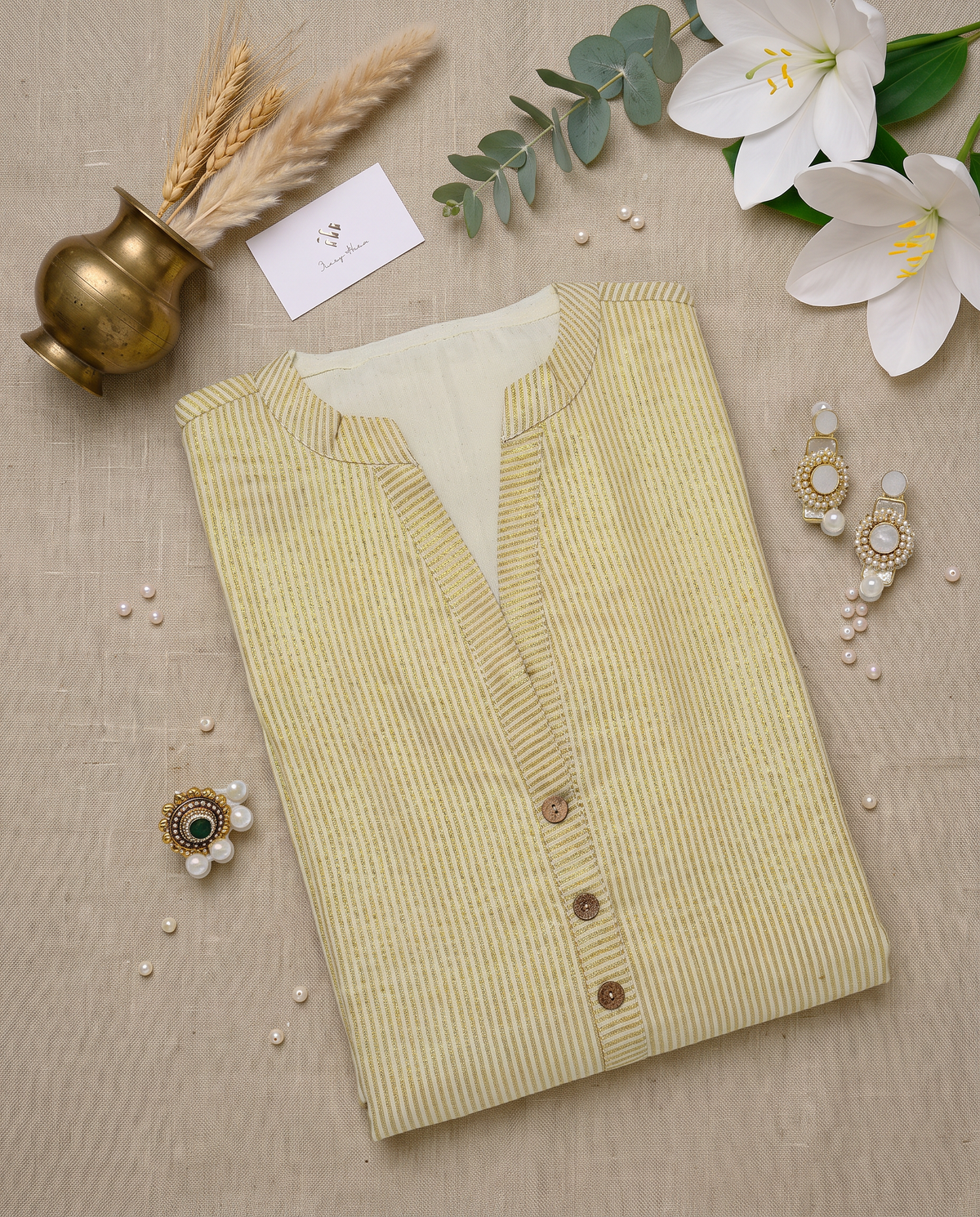 Mandaram — cotton A-line dress with zari lines and gold-bordered sleeves — Ivory Hues, Indian ethnic wear Singapore