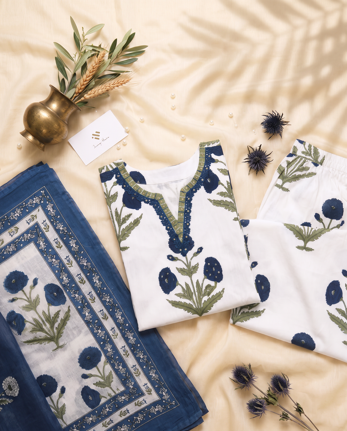Malhar Sagar — white cotton suit set with Mughal handblock butta prints — Ivory Hues, Indian ethnic wear Singapore