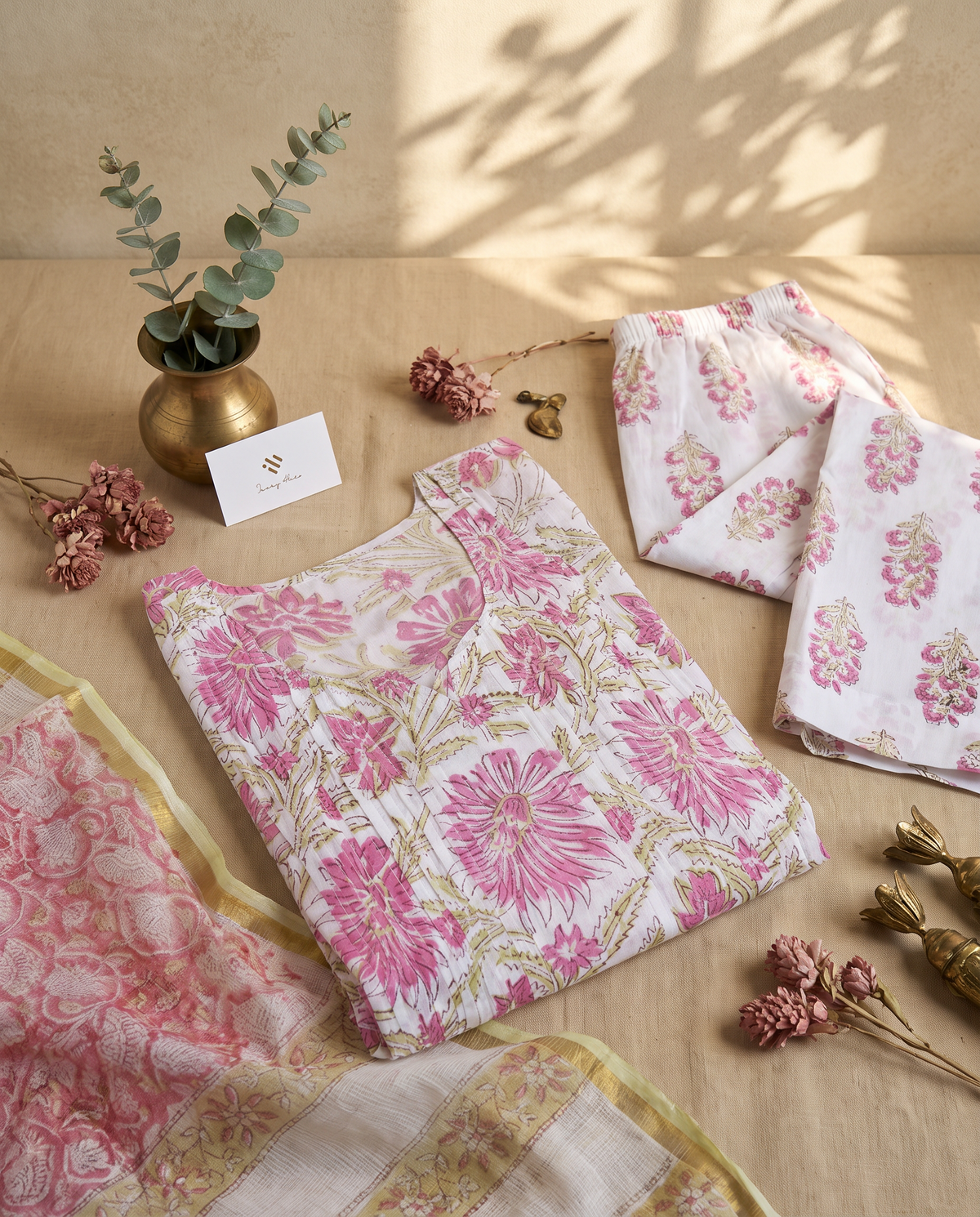 Kota Kainaat Leher — white cotton suit with pink handblock print and Kota doria dupatta — Ivory Hues, Indian ethnic wear Singapore