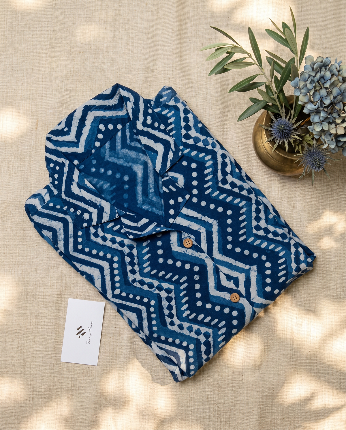 Indigo Shirt Dress — indigo chevron-print shirt dress with side slits — Ivory Hues, Indian ethnic wear Singapore