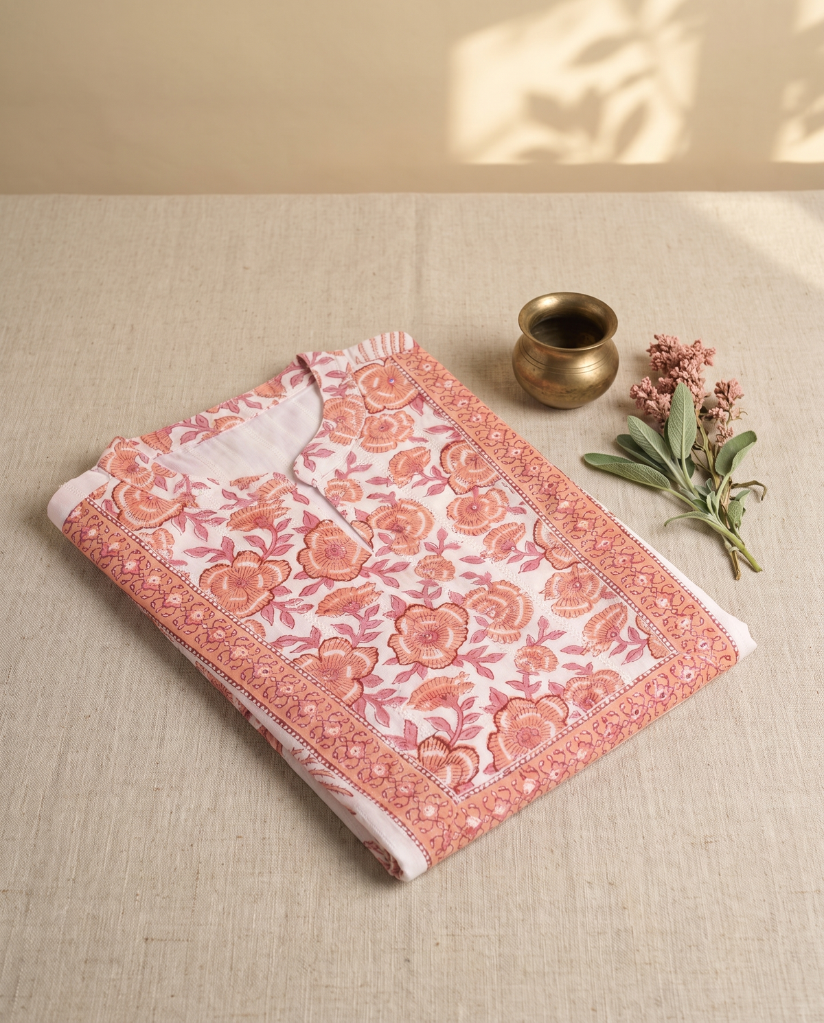 Malhar Ras — white cotton suit with pink and peach floral handblock print — Ivory Hues, Indian ethnic wear Singapore