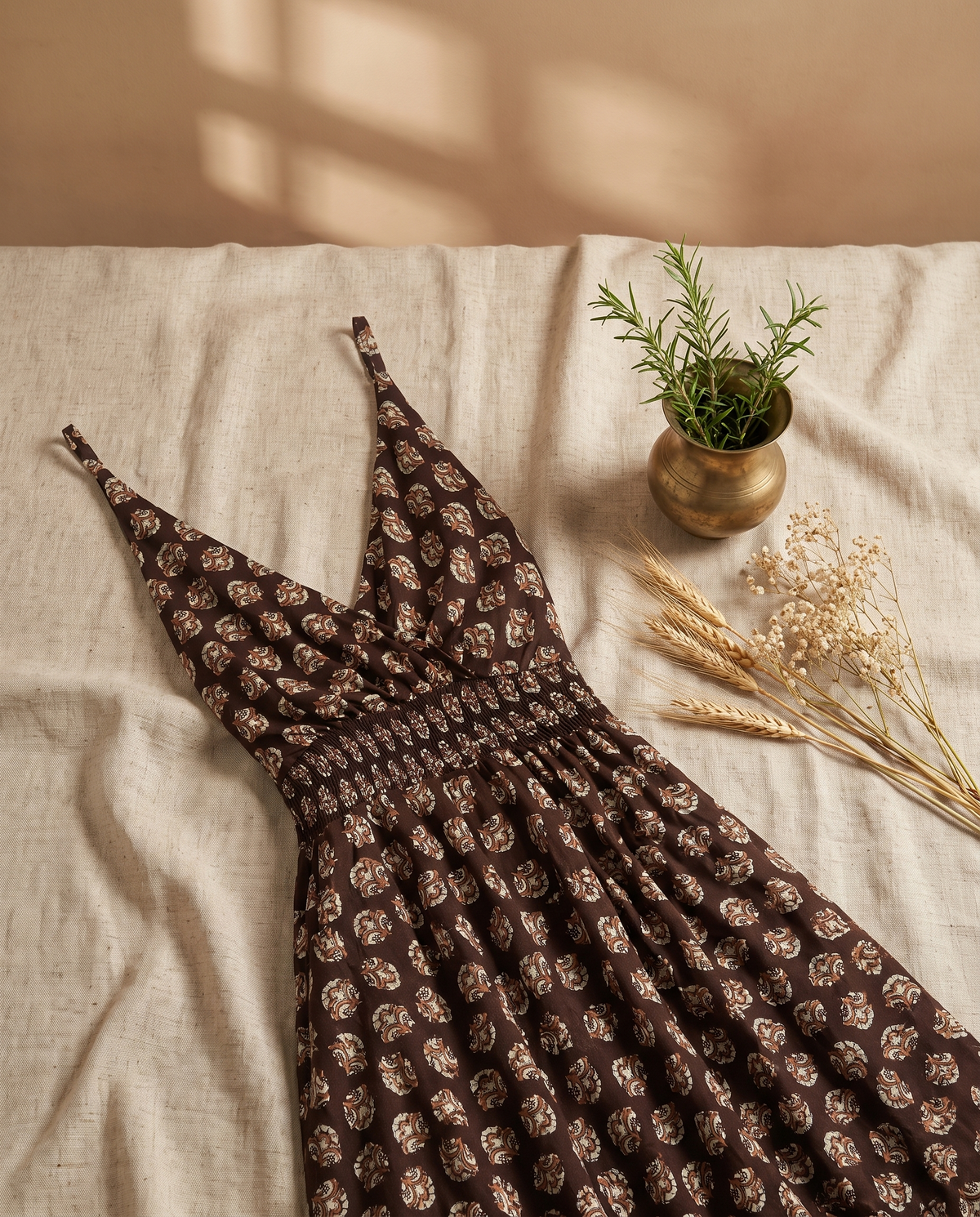 Leher Chaandni — coffee-brown hand block-print dress with strappy shoulders — Ivory Hues, Indian ethnic wear Singapore