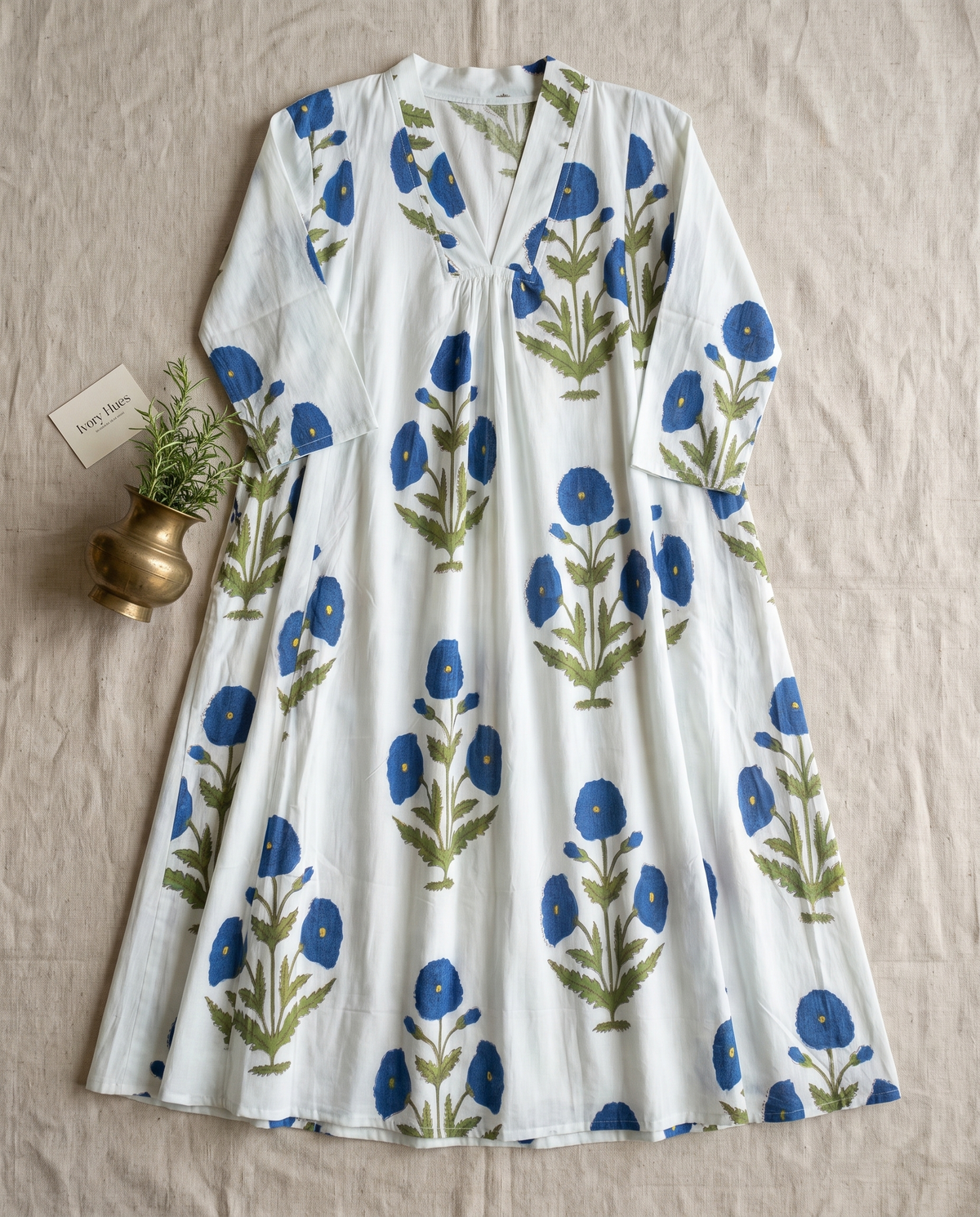 Fiza 3.0 Dark Blue Poppy — dark blue poppy-print cotton dress with V-neckline — Ivory Hues, Indian ethnic wear Singapore