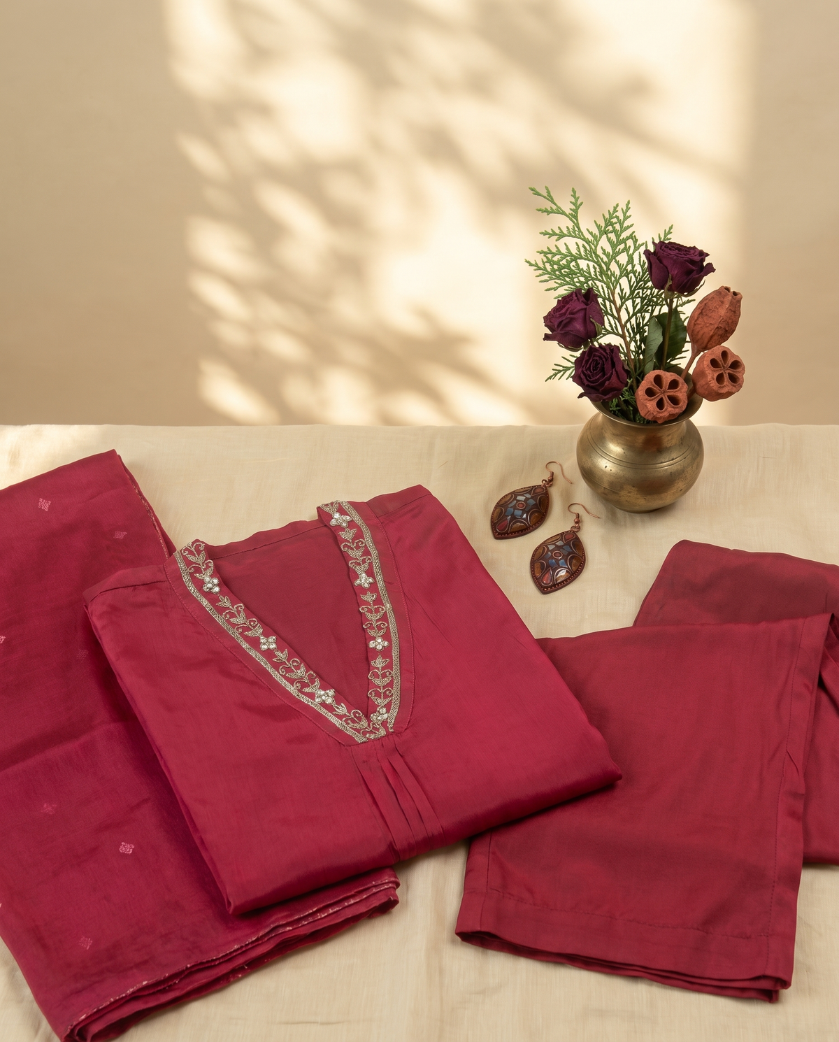 Noor Sindoor — rani pink chinnon suit with embroidered V-neckline — Ivory Hues, Indian ethnic wear Singapore