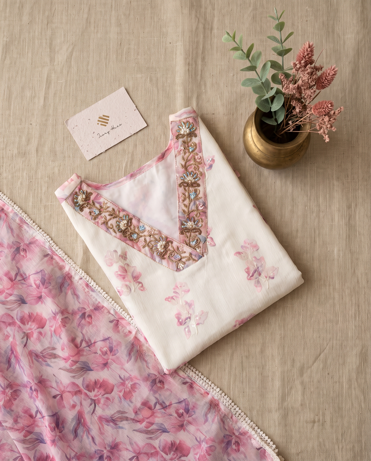 Noor Mehfil — white crepe suit with applique work and embroidered neckline — Ivory Hues, Indian ethnic wear Singapore
