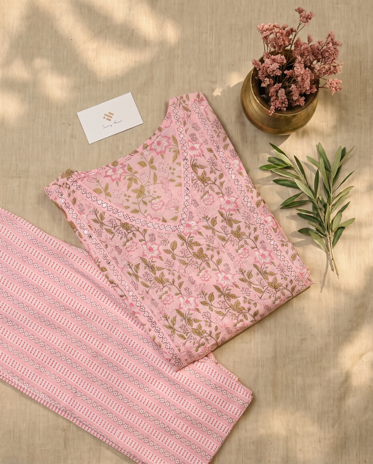 Anokhi Rang — pastel pink suit with Jaipuri prints and pintuck panel — Ivory Hues, Indian ethnic wear Singapore