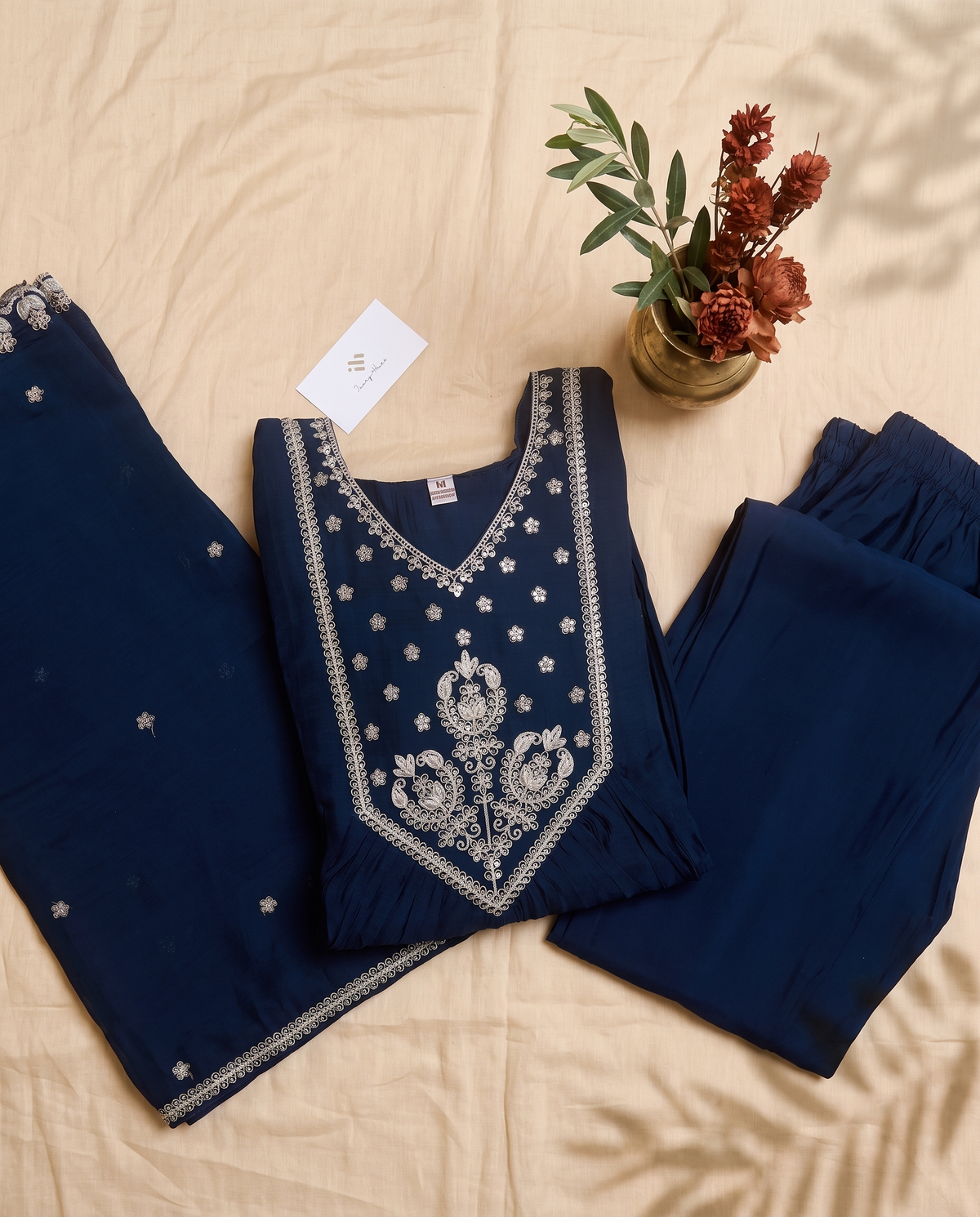 Noor Amara — navy blue mul Chanderi suit with embroidered neckline — Ivory Hues, Indian ethnic wear Singapore