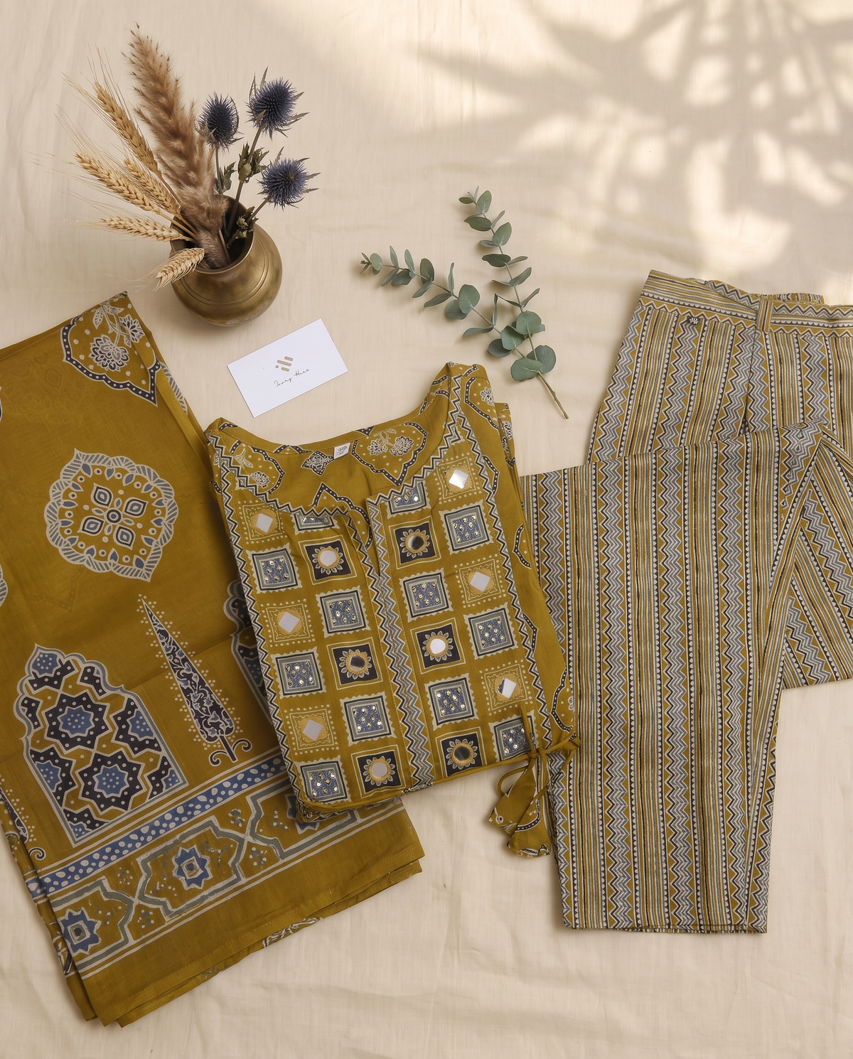 Sunehri Haldi — mustard cotton Anarkali suit with handblock prints — Ivory Hues, Indian ethnic wear Singapore