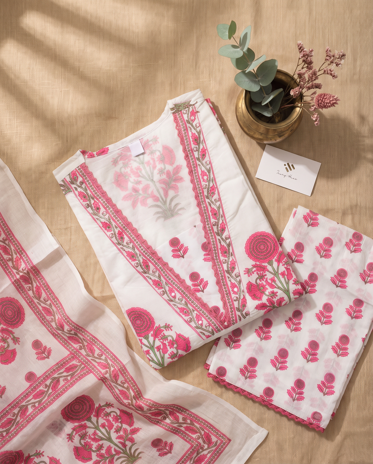 Malhar Raagini — white and pink cotton suit with Mughal handblock prints — Ivory Hues, Indian ethnic wear Singapore